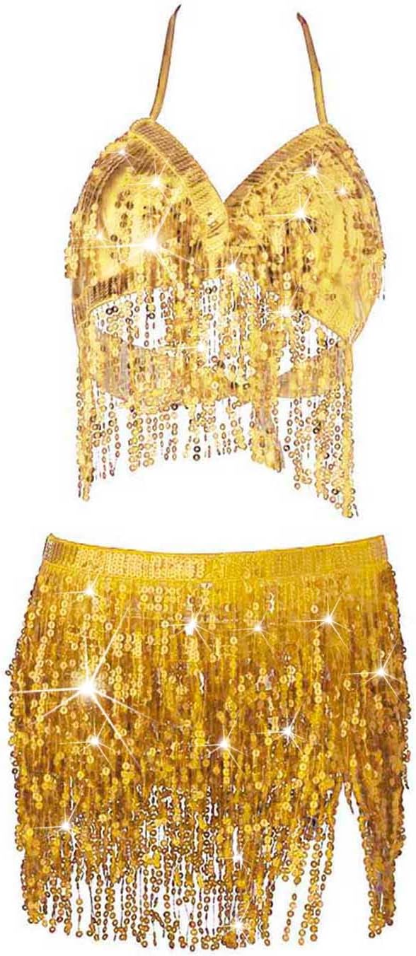 Zoestar Sequin Belly Dance Outfits Sparkly Rave Costume Skirts Tassel Sequin Bra Top Skirt for Women