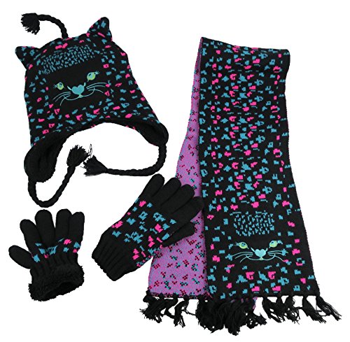 Image of N'Ice Caps Kids Hat Glove Scarf Girls 3 Piece Winter Knit Set Sherpa Lined
