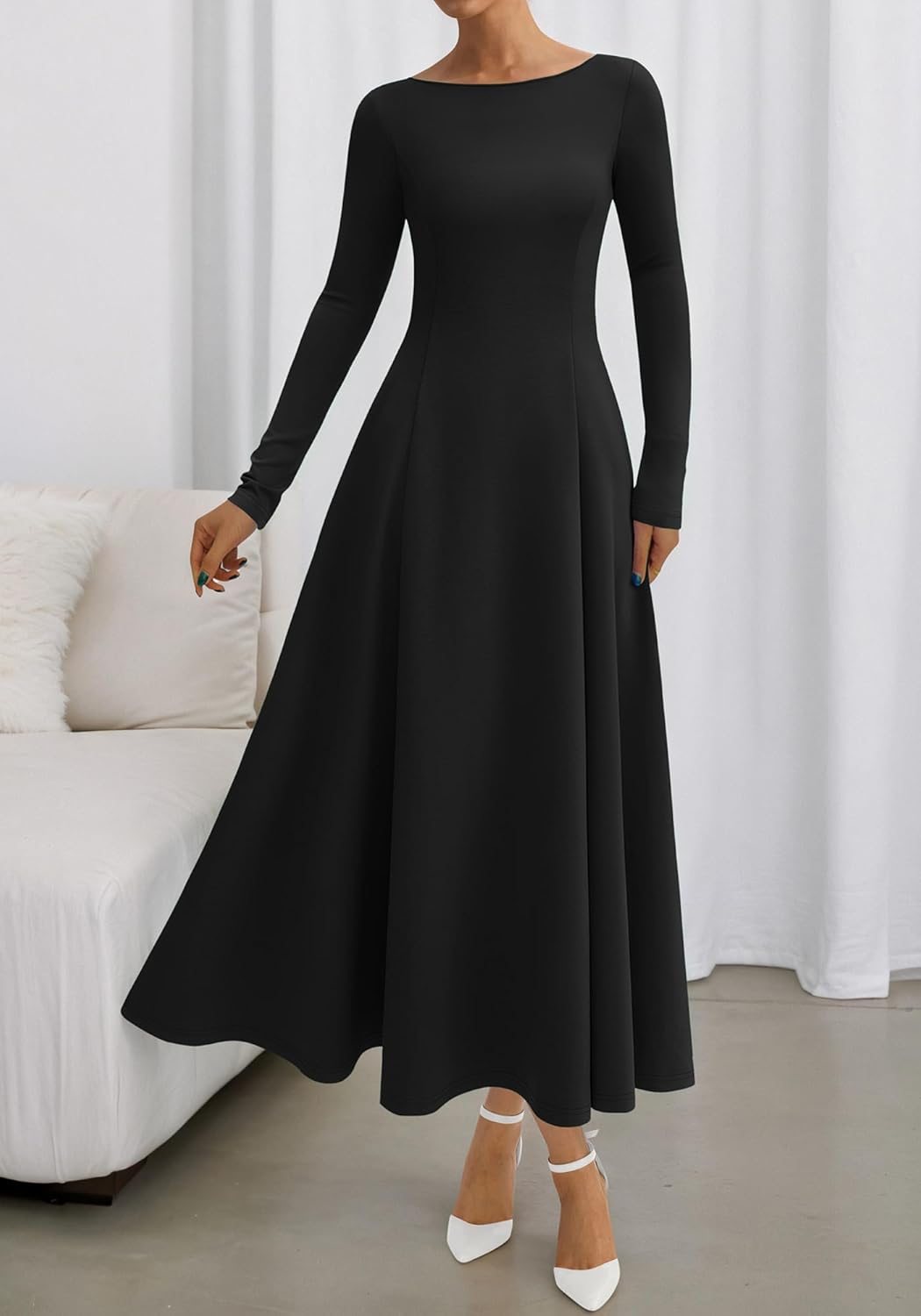 BTFBM Spring Dresses for Women 2026 Trendy Boat Neck Long Sleeve A Line Flowy Knit Loose Casual Elegant Party Maxi Dress - Image 6