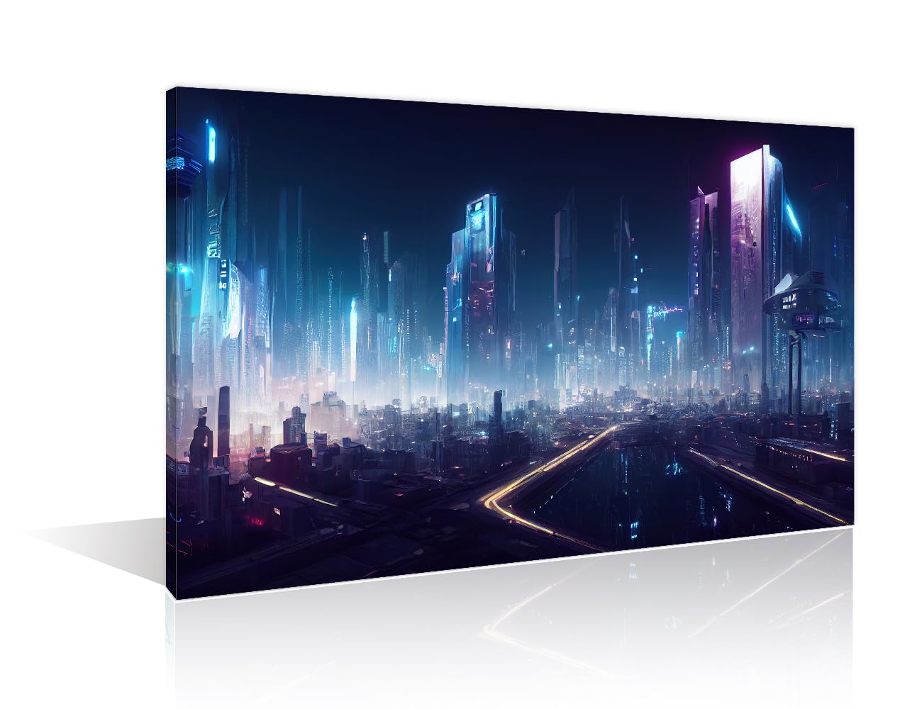 TISHIRON 1 Panels Abstract Cyberpunk City Wall Decor for Living Room, Bedroom, Bathroom, Office. Cyberpunk Futuristic City Panorama Style Modern Artwork Framed Ready to Hang (24" Wx36 H) — image 1