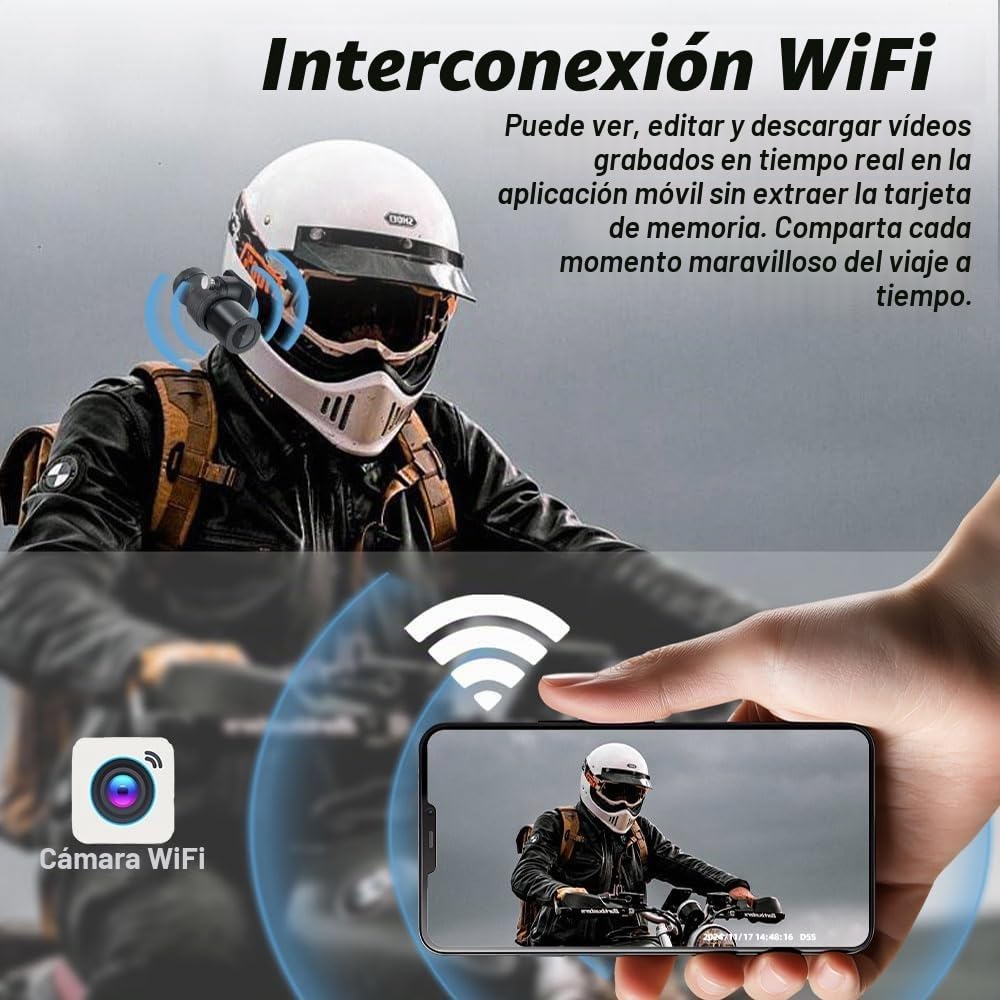 Cámara para Casco de Bicicleta y Motocicleta VSYSTO, Encendido/Apagado Automático, WiFi HD 1080P Lente de Visión Nocturna de 150°, Cámara de Acción Portátil, Sensor G, Grabación en Bucle