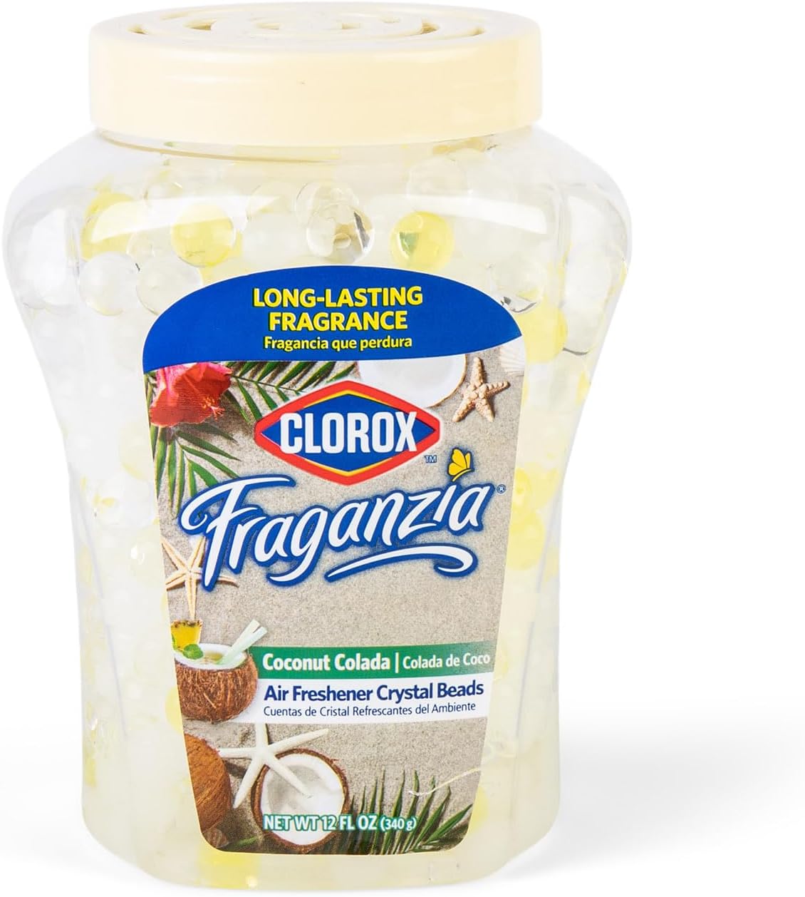 Clorox Fraganzia Air Freshener Crystal Beads Coconut Colada 12oz | Long-Lasting Air Freshener Beads 12 Ounces | Easy to Use Vented Jar Air Scent Beads for Homes, Bathrooms, Closets, Car or Office