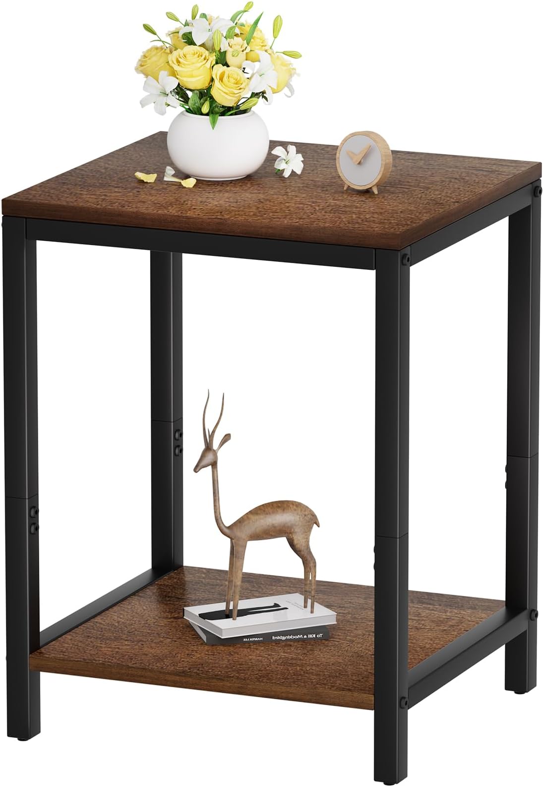 Wood End Tables 13.3''D Small Side Table with Storage Night Stand Metal Frames 2 Tier Bedside Table with Adjustable Feet, 1PCS, Walnut