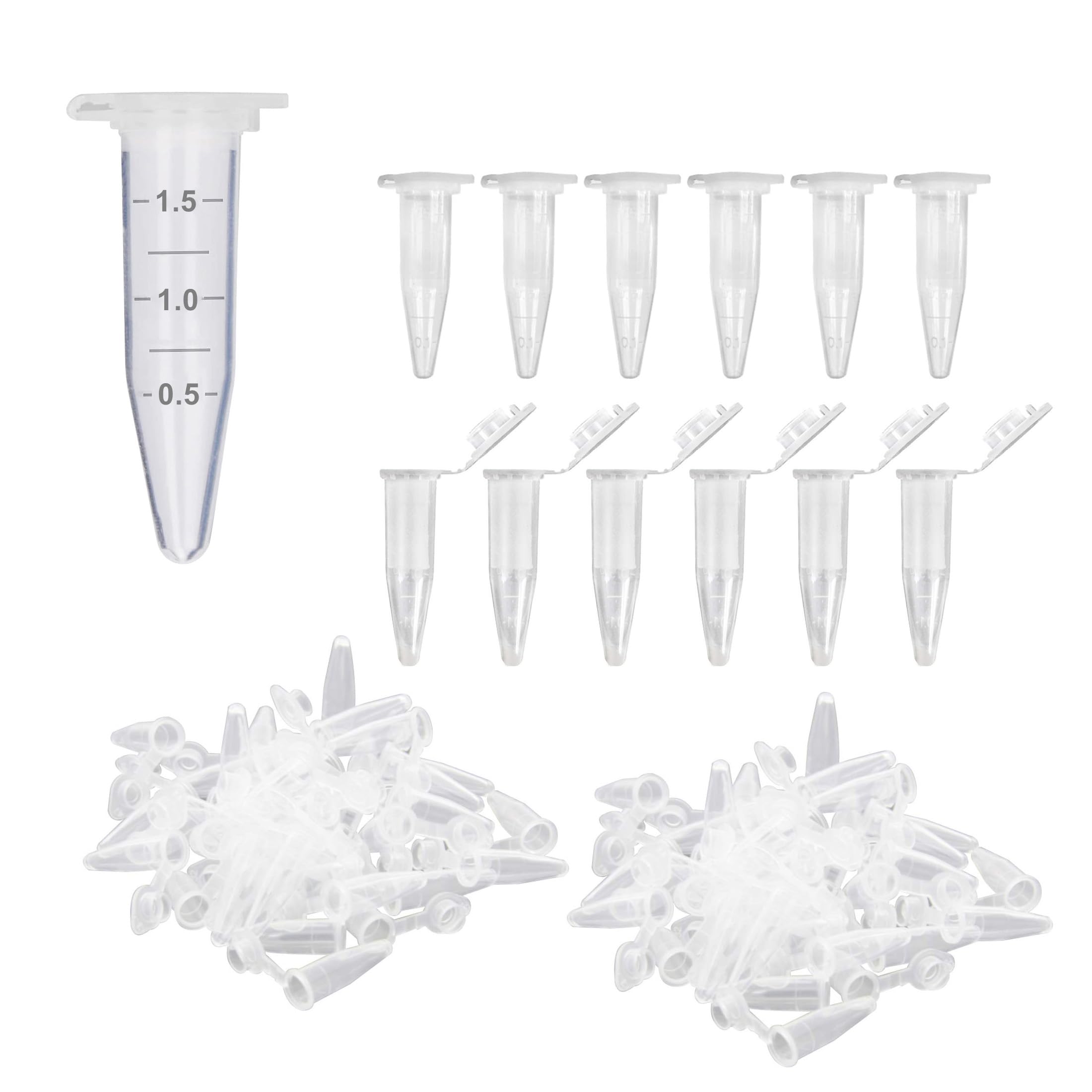 HUAZIZ 200 Pezzi 1,5 ml Plastica Centrifuga Provetta con Testa a Punta, Micro Provette da Laboratorio Conical Centrifuge Tubes Trasparente Graduata di Polipropilene con Tappo Piatto