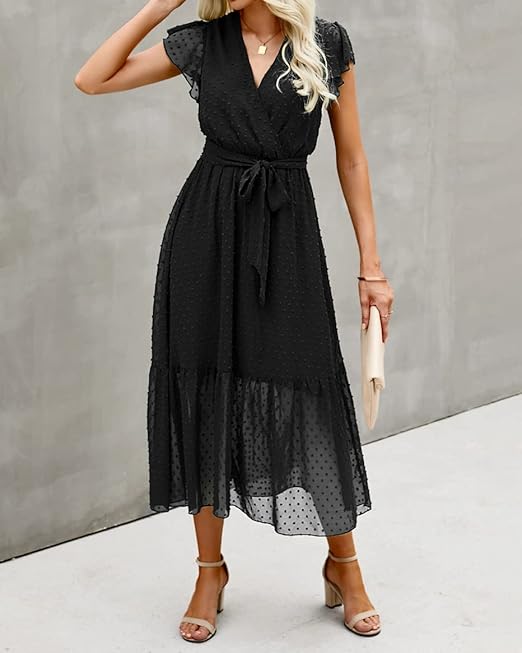 BTFBM Women Summer Bohemian Floral Casual Wrap V Neck Ruffle Cap Sleeveless Belt A-Line Pleated Hem Swing Midi Sun Dress (Swiss Dot Black, x_l) thumbnail 2