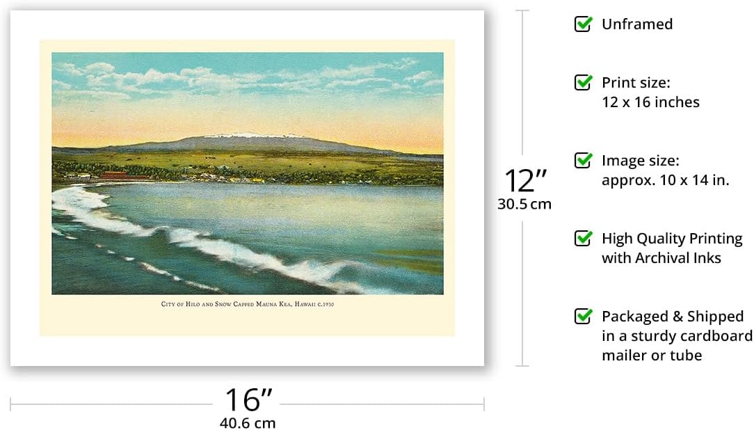 Hilo Hawaii - Snow Capped Mauna Kea - Big Island - Vintage Hawaiian Color Postcard c.1930 - Bamboo Fine Art 290gsm Paper (Unframed) 12x16in