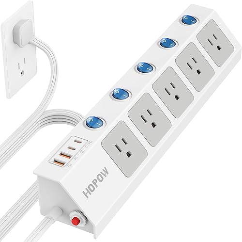Miniatura 7 de HOPOW Regleta de alimentación de enchufe plano con interruptores individuales, cable de extensión plano ultrafino de 10 pies, protector de