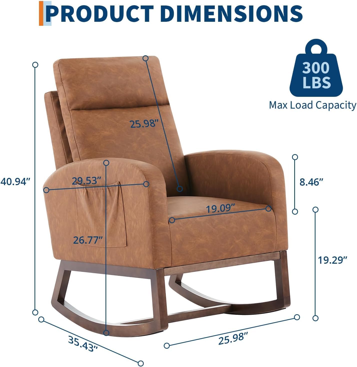 Modern Nursery Chair,Rocking Chair with High Backrest Armchair,PU Glider Accent Reading Chairs Padded Seat for Living Room,Bedroom,Brown