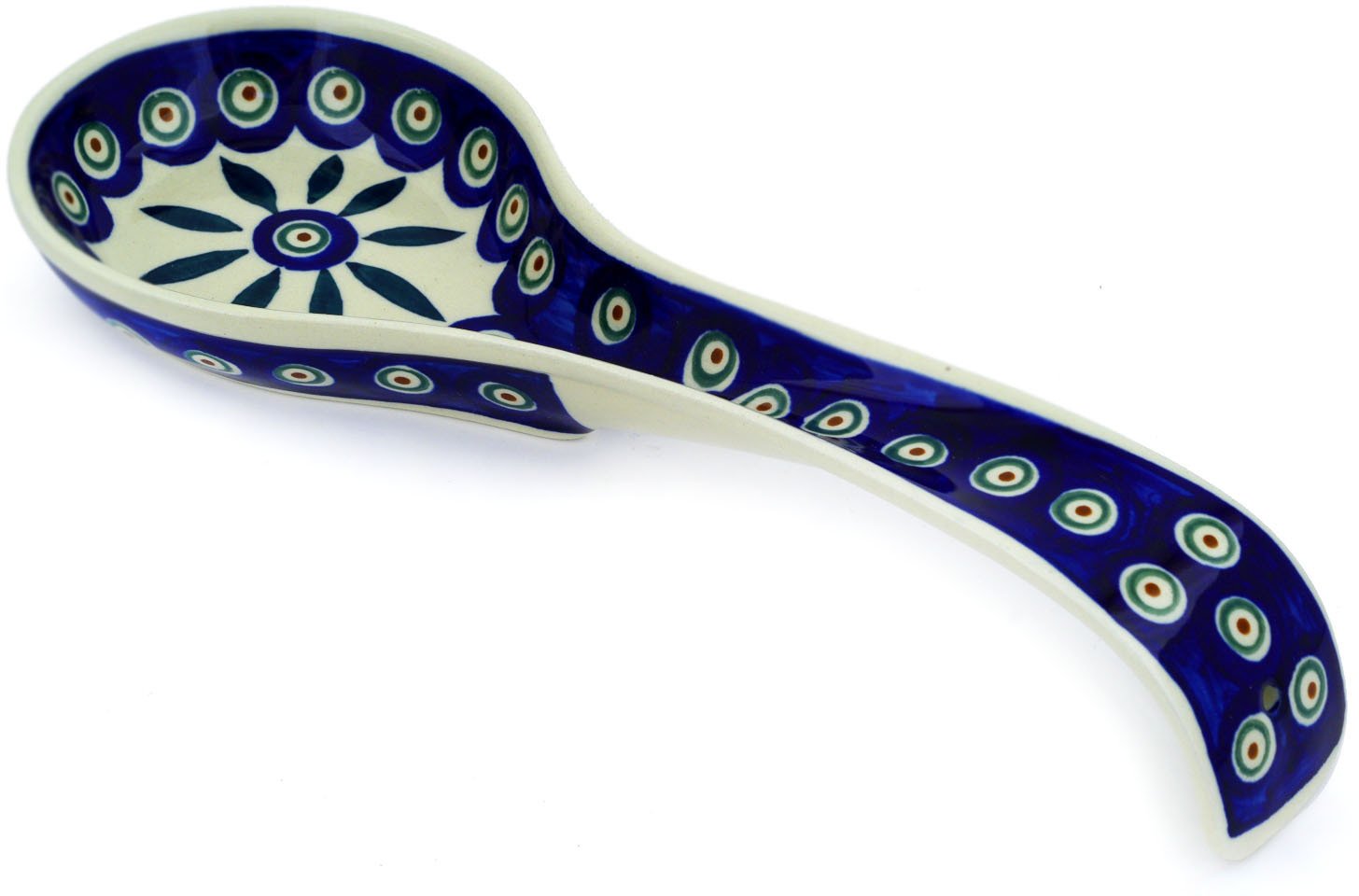 Polish Pottery Spoon Rest From Zaklady Ceramiczne Boleslawiec #1178-56 Peacock Classic Pattern, 12 Inch Long