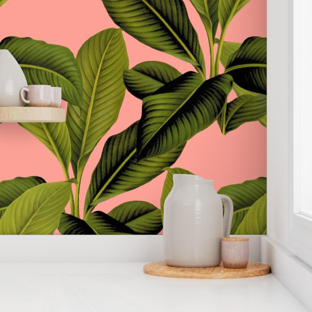 Peel & Stick Wallpaper Swatch - Palm Botanical Coral Leaves Tropical Green Banana Leaf Custom Removable Wallpaper by Spoonflower