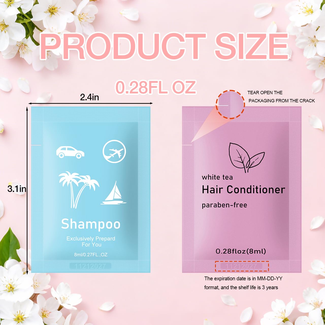Travel Shampoo and Conditioner Bulk 0.28 fl oz (8ml),Shampoo Conditioner Set Travel,Travel Conditioner for Homeless Guests Hotel 100 sets（pack of 200