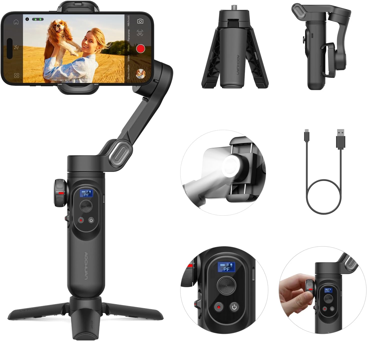 AOCHUAN Gimbal Stabilizer for iPhone Gimbal with Wireless Charging Smartphone for iPhone 15 Pro Max/Android Foldable 3-Axis Handheld Phone Stabilizer for Video Recording Face Tracking-Smart X Pro