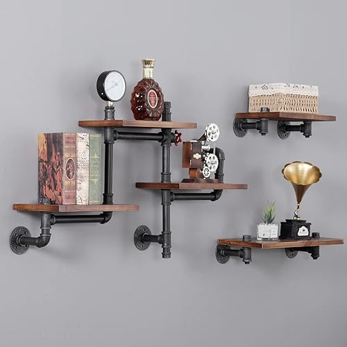 SSS Furniture Industrial Floating Pipe Wall Shelves Rustic Wood Shelving,