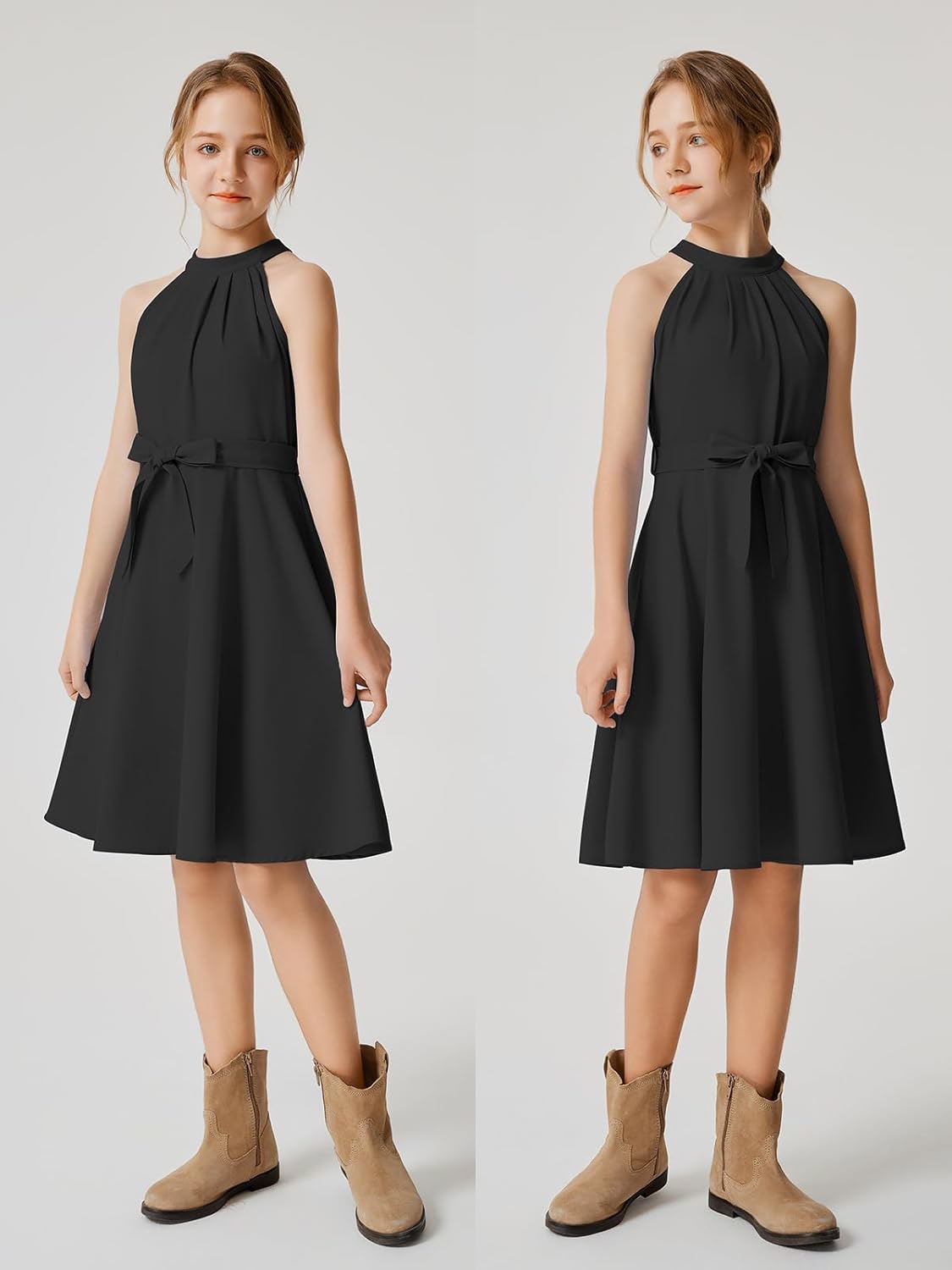 Quedoris Girls Halter Neck Pleated A-line Swing Flared Belted Casual Party Dress with Zipper - Image 3