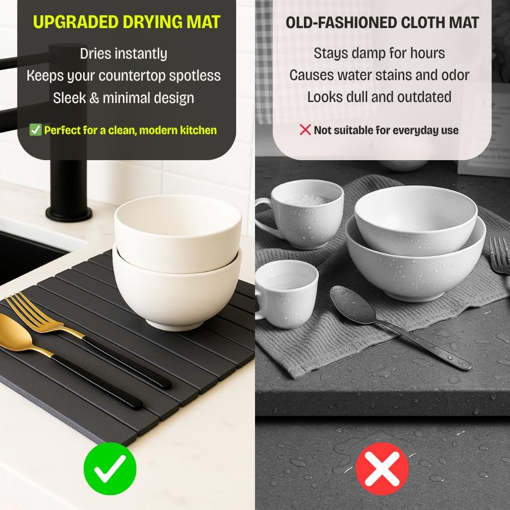 Large Stone Dish Drying Mat for Kitchen Counter, 24"×16" Foldable Fast Drying Diatomaceous Earth Mat, Super Absorbent Stone Drying Pad for Dishes, Cups, Bottles (Grey)