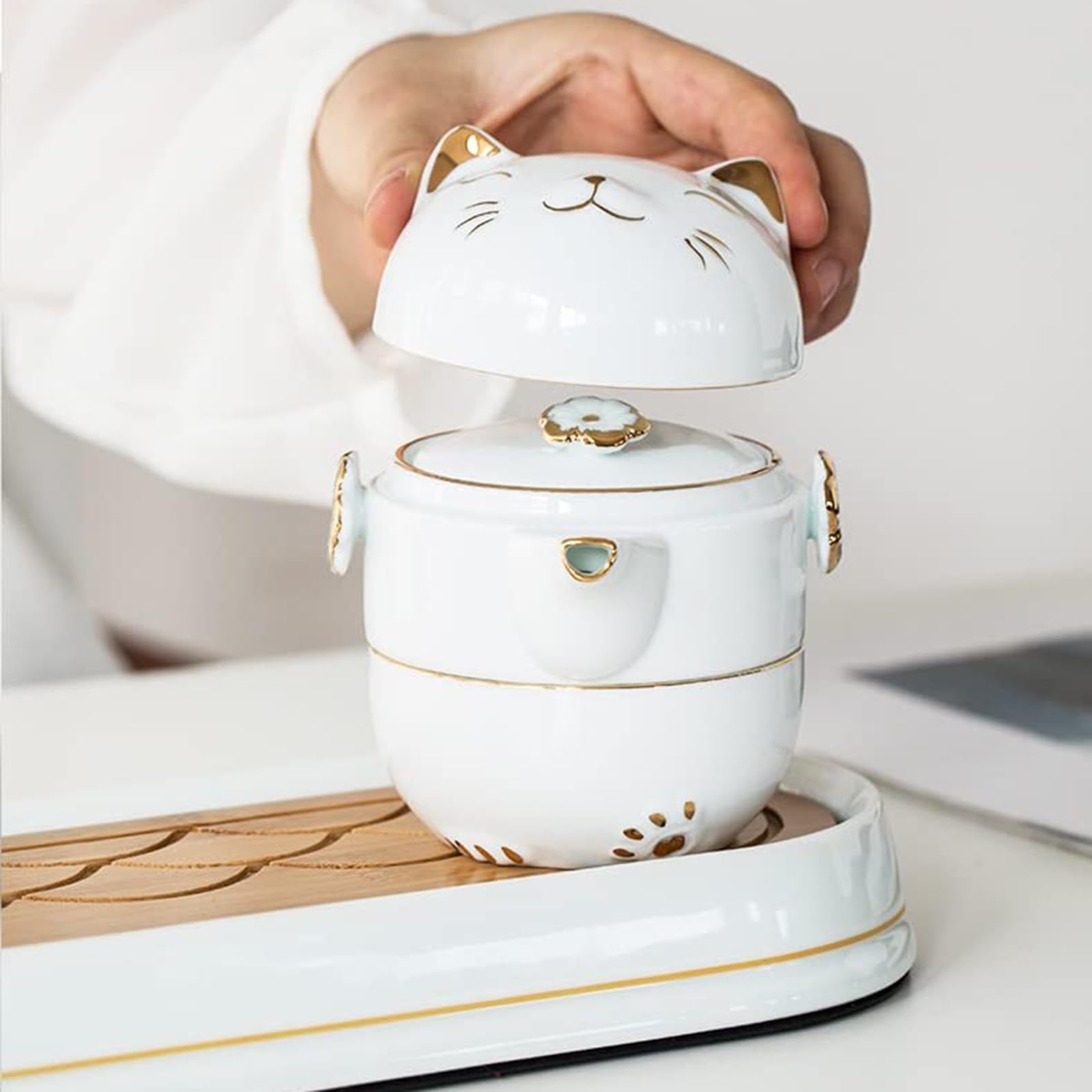 Servizio da tè Servizio da tè cinese Set da tè da viaggio con borsa portatile, teiera in ceramica fatta a mano Kung Fu, teiera tutto in uno, 1 pentola 2 tazze, adatto for viaggi, ufficio e casa,White