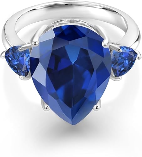 Vista 2 de Gem Stone King Anillo de plata de ley 925 con forma de pera y zafiro de imitación azul para mujer