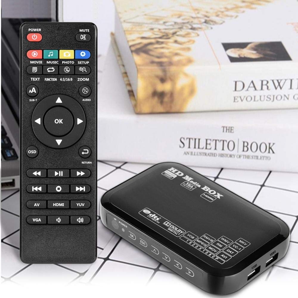 Mini Media Box Lettore Video Full HD 1080P, Supporto USB, HDMI, RMVB, MP3, AVI, MKV, Compatibile con Tutti i Formati HD, per Film e Serie TV (110-240V)