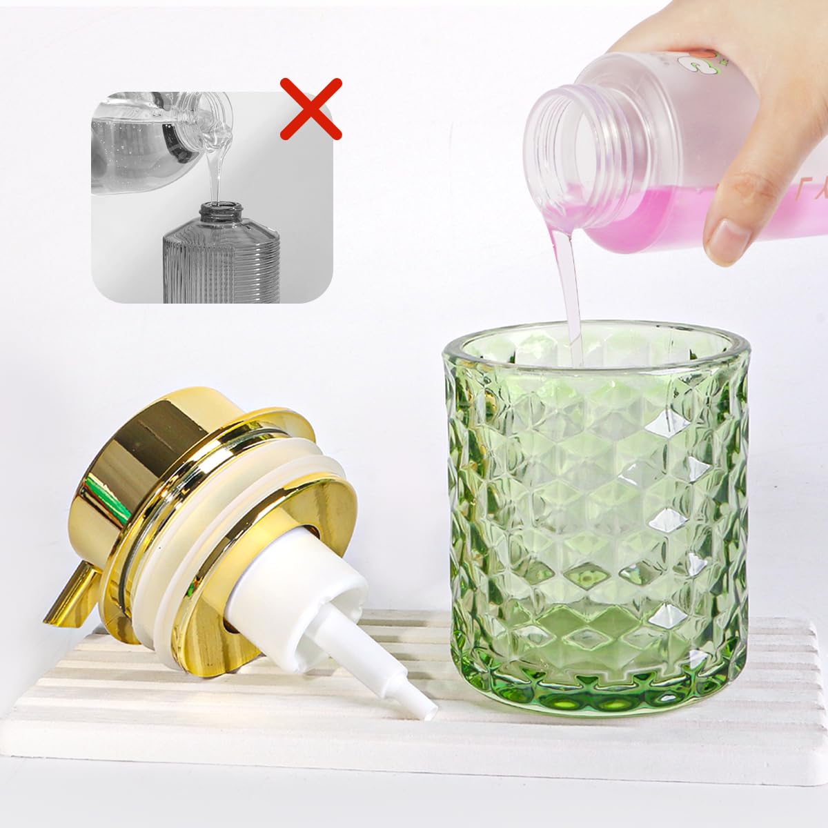 Juego de accesorios de baño de vidrio grueso, soporte dorado para cepillo de dientes y pasta de dientes, dispensador de jabón espumoso y soporte para cepillos de dientes, bonito organizador de
