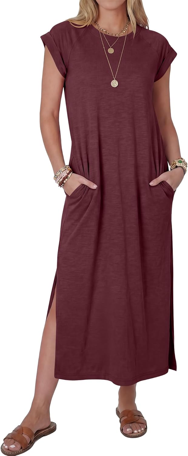 ANRABESS Women Summer Maxi Dress 2026 Casual Loose Cap Sleeve Crewneck Split Beach Vacation Long Sundress with Pockets