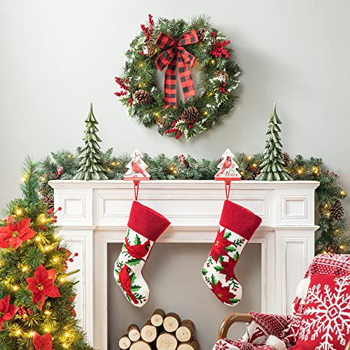 Glitzhome 24" Led Christmas Wreath Pre-Lit Greenery Holly Pinecones Bow-Knot Berry Rattan Ornament Decorative Artificial Wreath For Front Door Wall Window Indoor Outdoor Christmas Decorations #TOP6