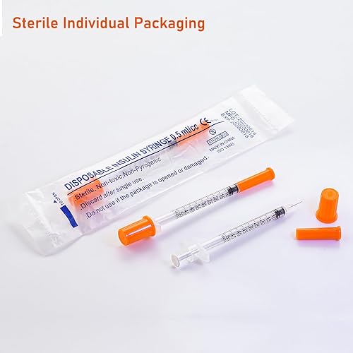 Miniatura 2 de Jeringas U-100 con aguja, 31G 0.5cc 14 pulgadas (0.236 in), paquete de 100