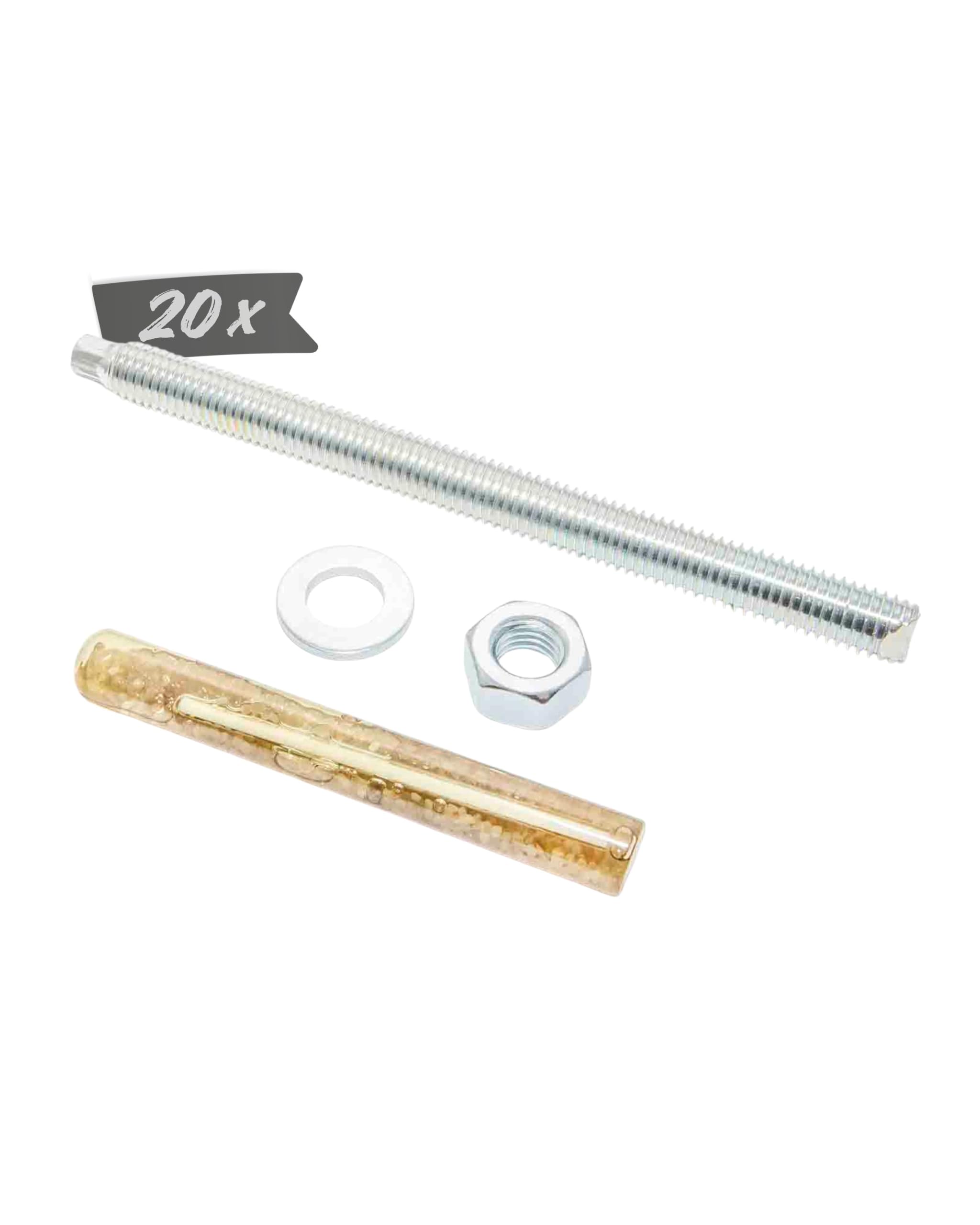 Verbundanker M10 x 130 mm Set verzinkt für Beton 20er | Inkl. Gewindestange, Mutter & Unterlegscheibe I Für Zaunpfosten, Tore & Geländer