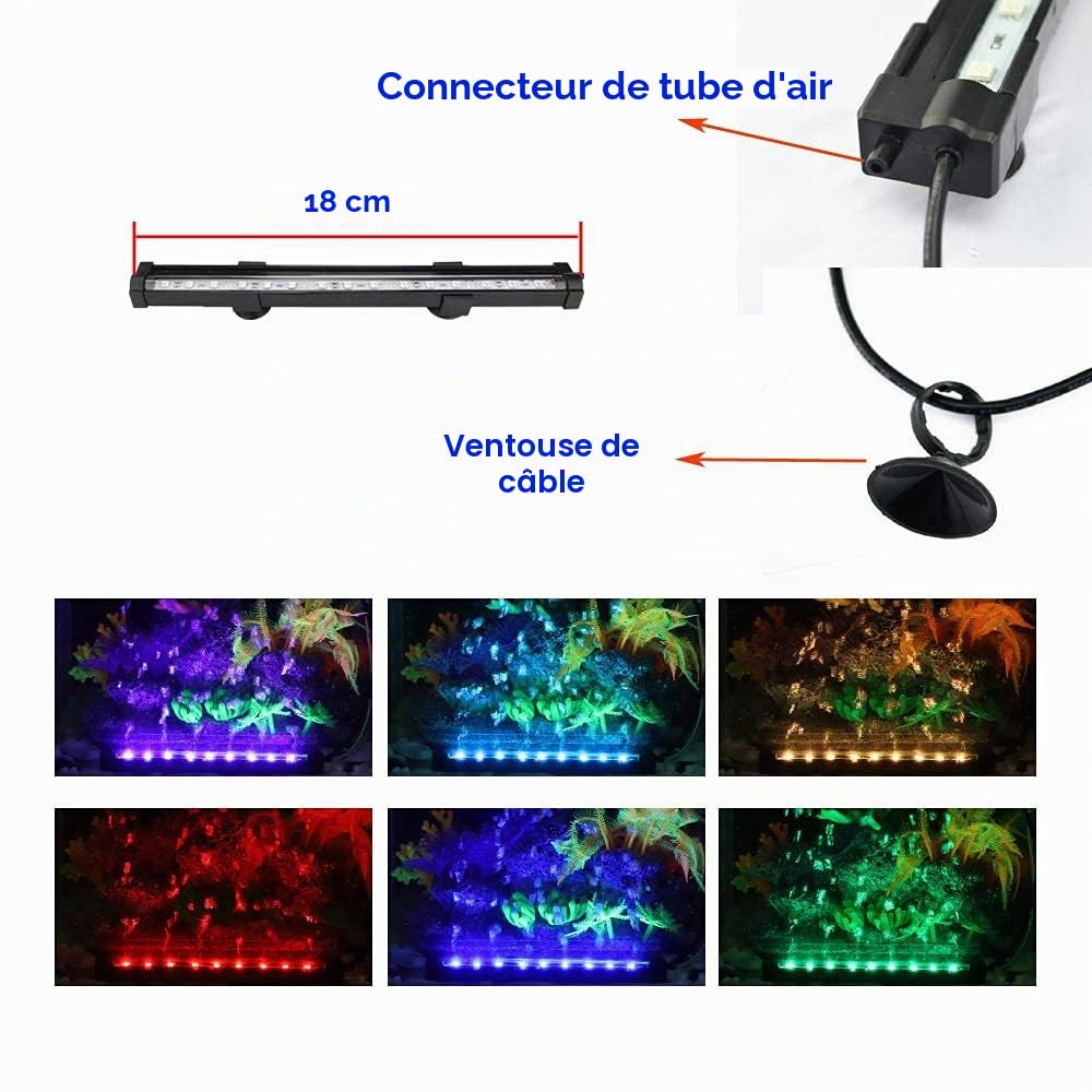 Tube LED RVB à bulles d'air pour aquarium, 16 couleurs, 4 modes, télécommande IP68 submersible (18 cm)