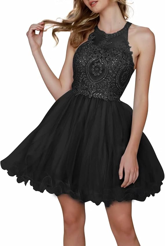 Tulle Short Halter Homecoming Dresses Lace Beaded Puffy Sweet 16 Dress for Juniors at Amazon 