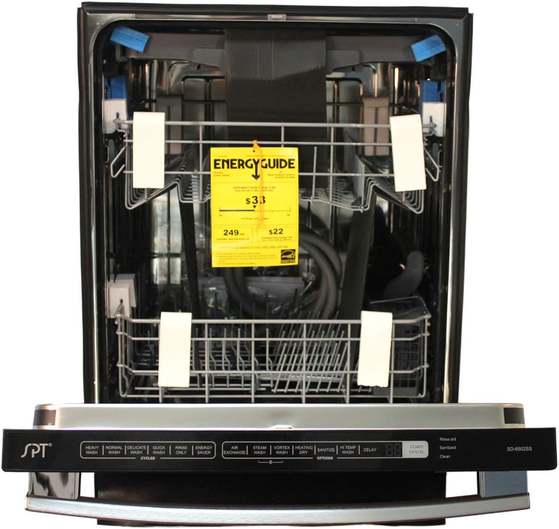 Interior of the SPT SD-6502SS dishwasher with racks pulled out, showing space for dishes and an energy guide label.