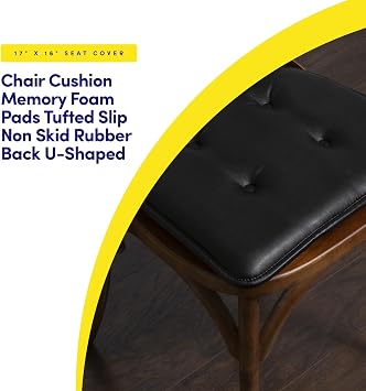 Sweet Home Collection Chair Cushion Memory Foam Pads Tufted Slip Non Skid Rubber Back U-Shaped 17 x 16 Seat Cover, 2 Count (Pack of 1), Faux Leather Black