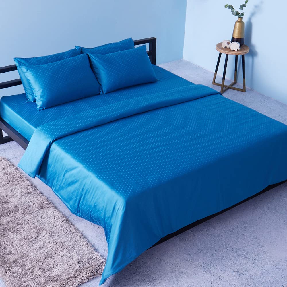 Blue Dahlia Cotton Bedsheet for Double Bed with 2 PillowCovers Swiss
