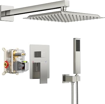 Square Rainfall Shower Head and Handle Set, 10 inch Wall Mounted Bathroom Shower Fixtures, Brushed Nickel Metal Mixer Shower Faucet with Handheld Spray With Pressure Balanced Shower Valve