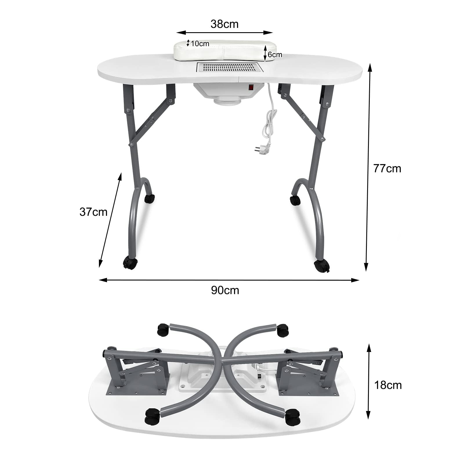 LARS360 Mesa de manicura plegable con aspiración, mesa de manicura para salón de uñas, portátil con ruedas, cojín de mano, cajón y bolsa de almacenamiento (color blanco)