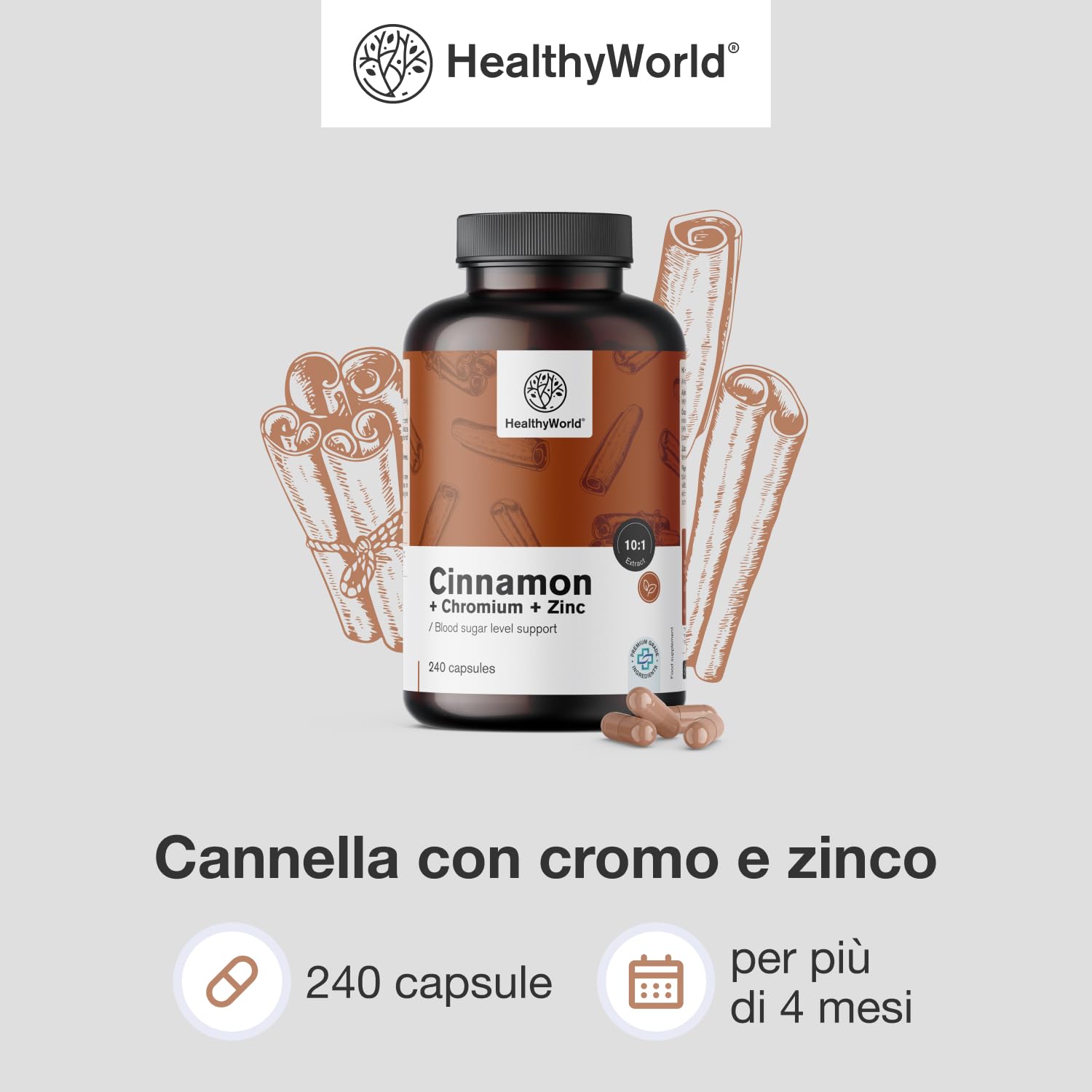 HealthyWorld® Cannella con Cromo e Zinco - 240 Capsule Vegetali - Vegetariano - Dose Elevata - Fornitura per 4 mesi - Qualità Premium - Tre Principi Attivi - Gestione degli Zuccheri nel Sangue