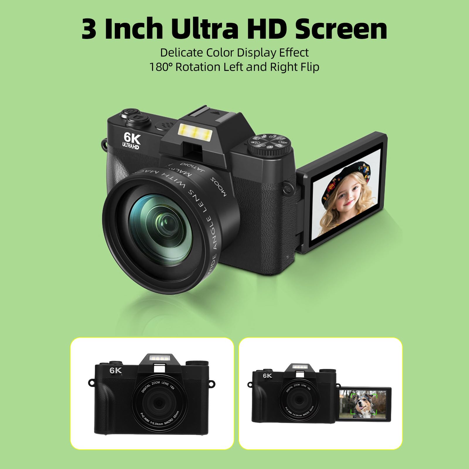 Annadue Fotocamera Digitale per Fotografia, Videocamica da 6k da 64 MP con Schermata di Lancio da 3,0 Pollici, Zoom Digitale 16x, Fotocamera Mirrorless Autofocus per Fotografia (BLACK)
