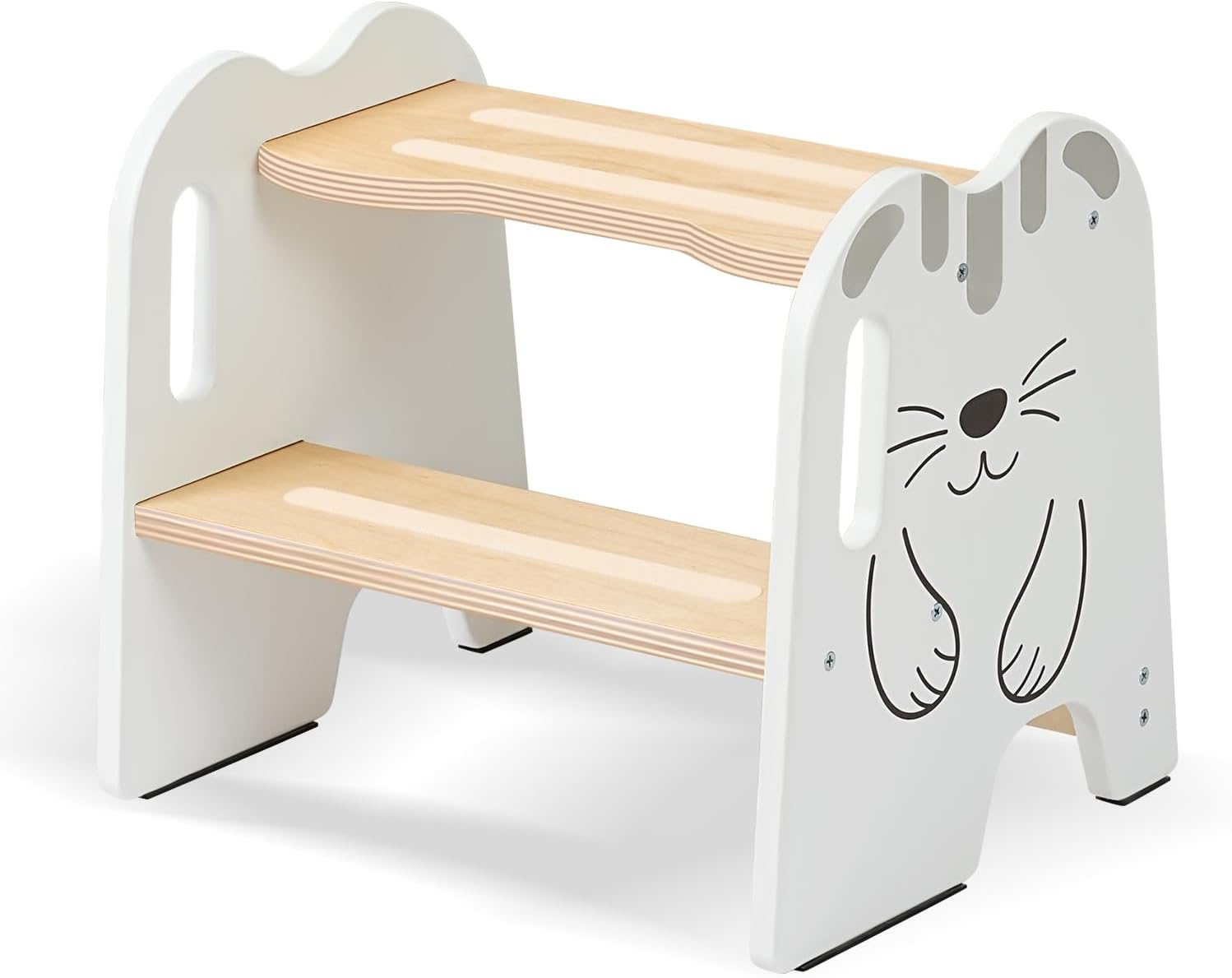 Wooden Step Stool - Two Step Stools Toddler 250 lbs Capacity with Safety Non-Slip Pads - Potty Training Stool for Bathroom Sink, Bedroom, Kitchen Dual Height Step Stools for Kids(Cat|White)