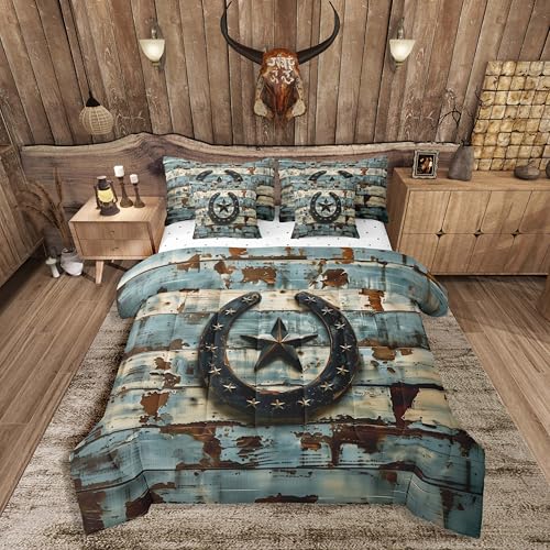 Feelyou West Texas Star Bed in a Bag King Size Western Aztec Comforter Set with Sheets for Boys Girls Children Horseshoes Rustic Cowboy Tribal Vintage Farmhouse 7 Pieces Bedding Set Room Decor Soft