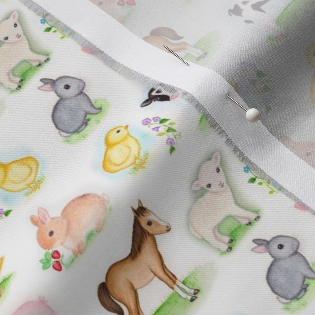 Spoonflower Fabric - Farm Animals Cow Horse Lamb Bunny Pig Chick Animal Print Printed on Organic Cotton Sateen Fabric by The Yard - Sewing Quilting Apparel Home Decor