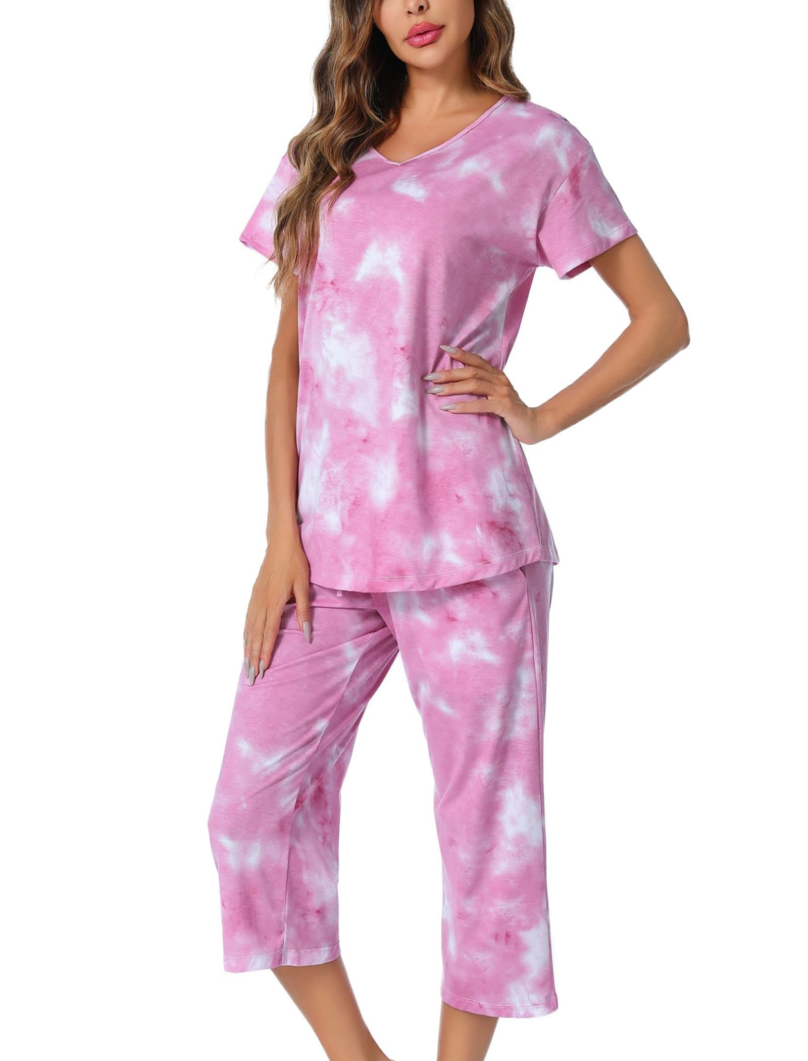 Pigiama da donna a maniche corte e pantaloni lunghi a 3/4, set pigiama