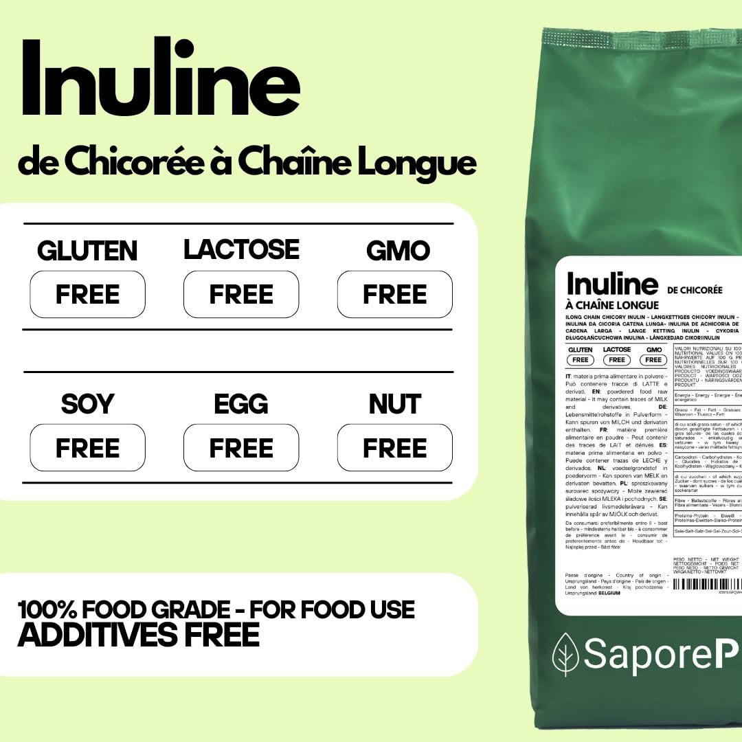 SaporePuro INULINE en poudre 1 kg - LONGUE CHAINE - Fibre végétale prébiotique issue de racines de chicorée - Poudre d'inuline haute performance pour le remplacement des graisses