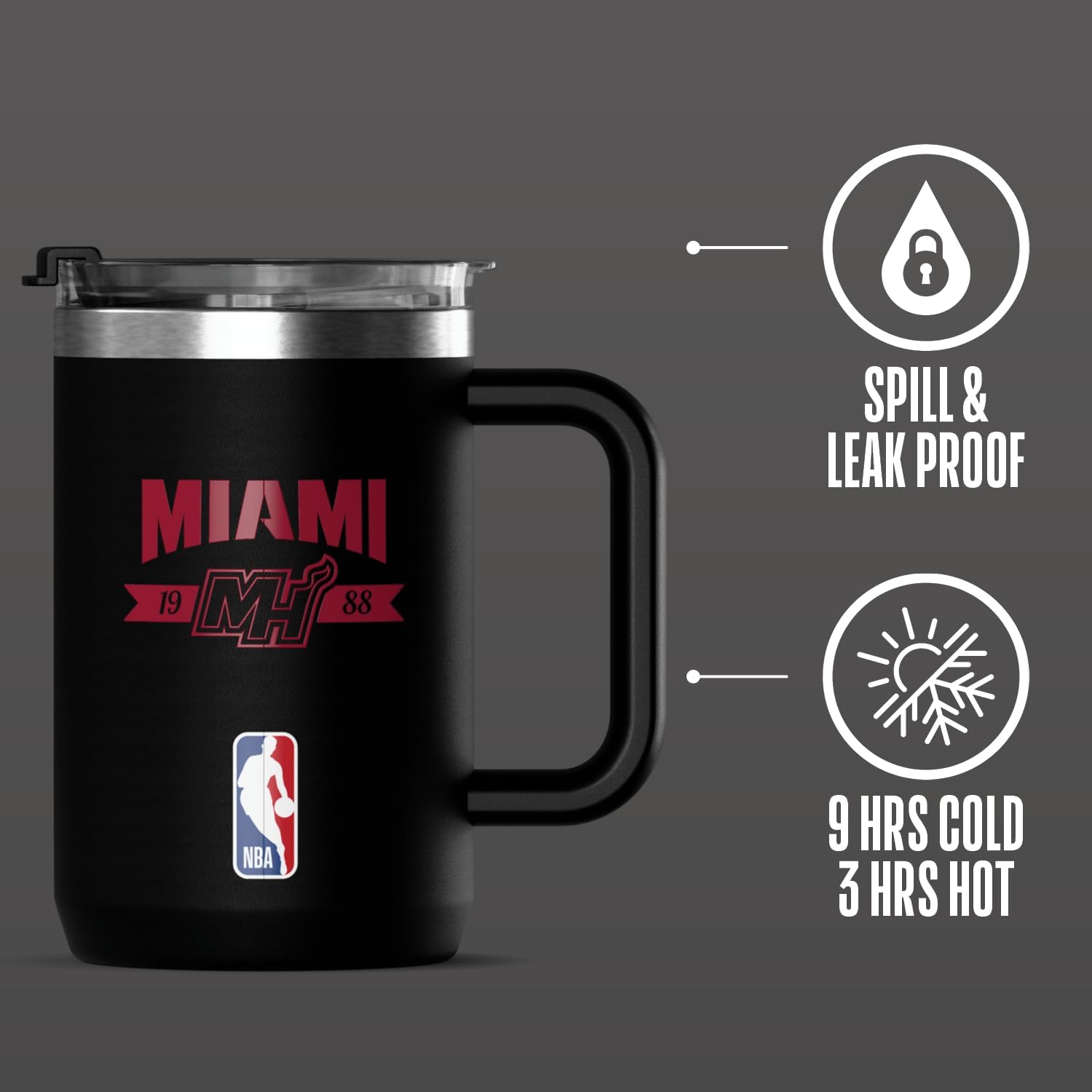 Hydrapeak NBA Officially Licensed Miami Heat 18oz Insulated Coffee & Tea Mug with Flip Sip Lid & Handle, Stainless Steel Travel Mug image 4