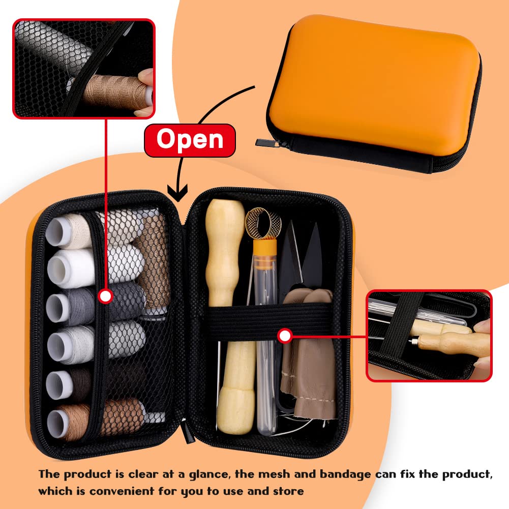Kit de costura de cuero, kit de reparación de tapicería de costura de cuero, kit de trabajo de cuero con 8 hilos de tapicería, agujas de coser de cuero, kit de herramientas de artesanía de cuero para