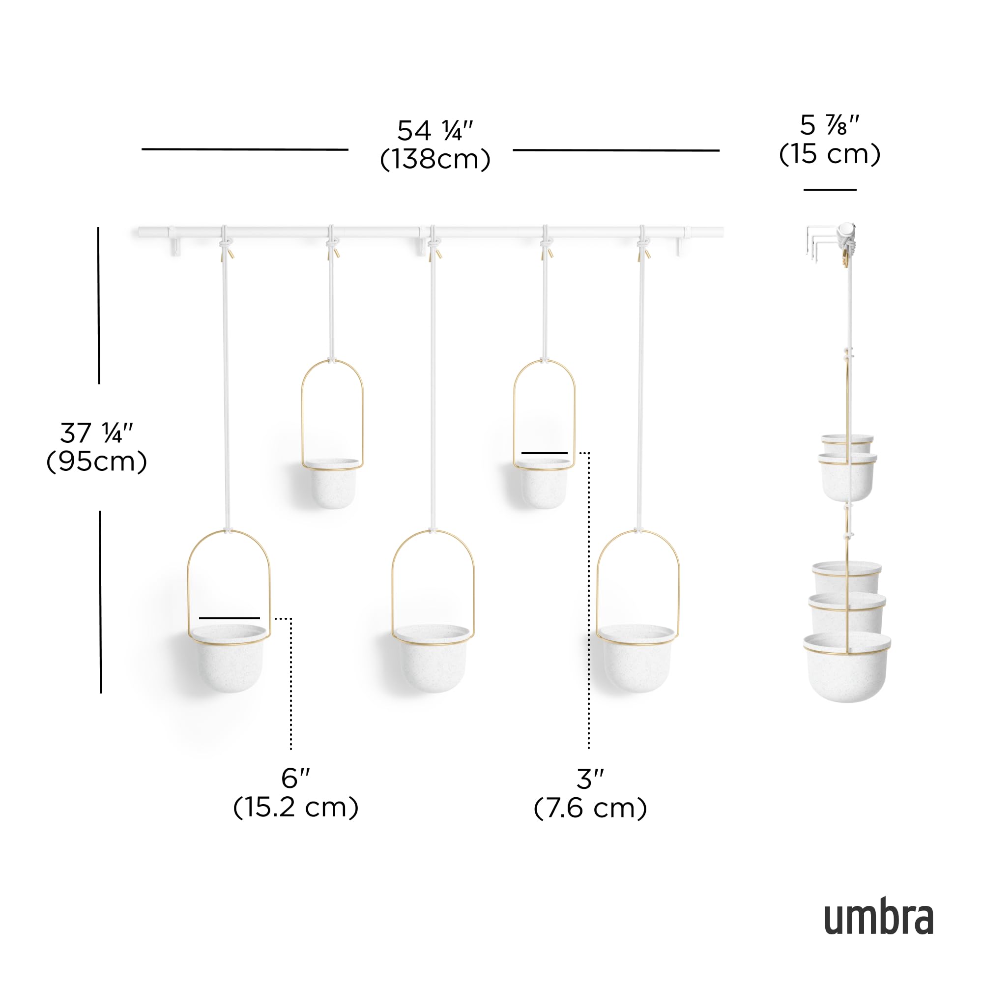 Umbra Triflora Zestaw 5 wiszących doniczek, regulowana, wisząca donica na rośliny, z szynami, biała/mosiężna