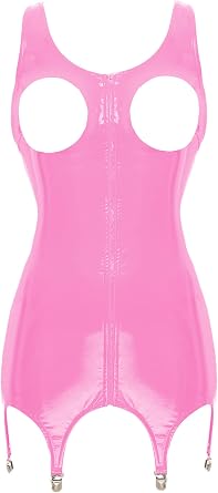 Women Party Club Open Bust Bodycon Mini Dress Clubwear Latex Leather Slim Fit Dress with Garter Belt