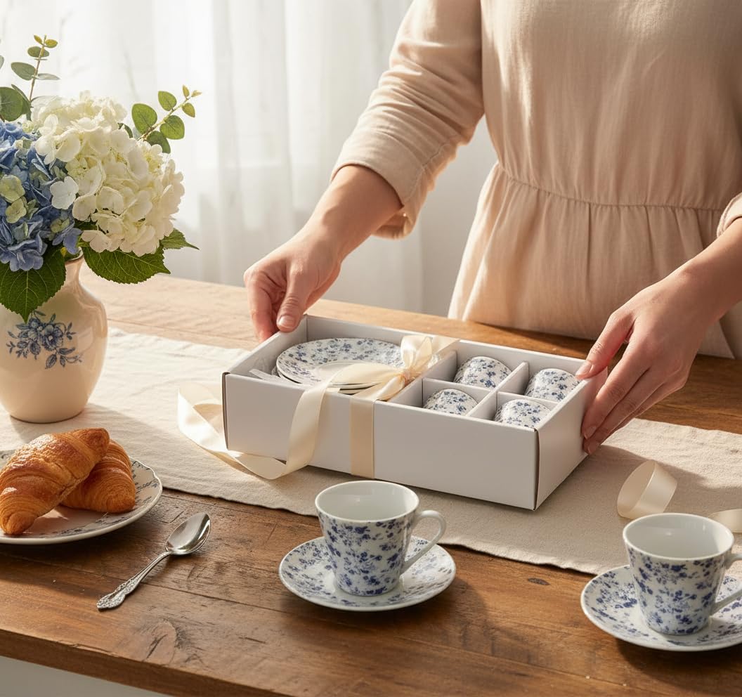 Service à café 6 petites tasses 90 ml avec assiette, céramique blanche avec fleurs bleues vintage, passe au lave-vaisselle et au micro-ondes, pour invités de fête