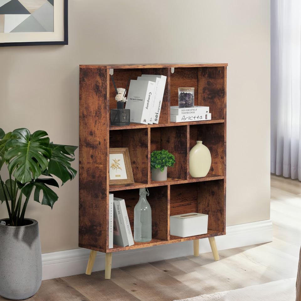 CAPHAUS 7 Cube 3 Tier Mid Century Bookshelf, 32” Wide Wooden Cube Storage Organizer with Legs, Open Shelf Bookcase, Modern Shelving for Living Room,