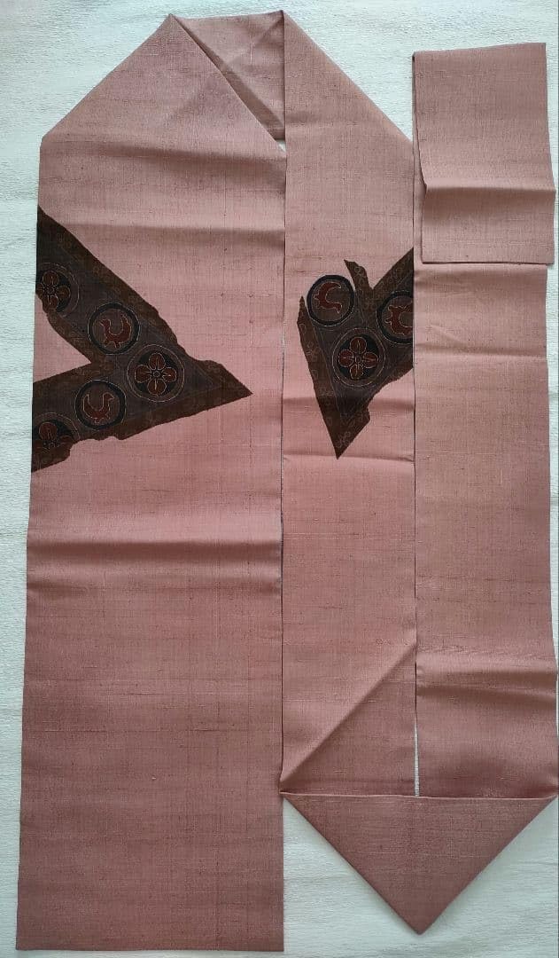 上質紬地名古屋帯 長尺381㎝ 鳥と花文様 洒落帯 くすみピンク