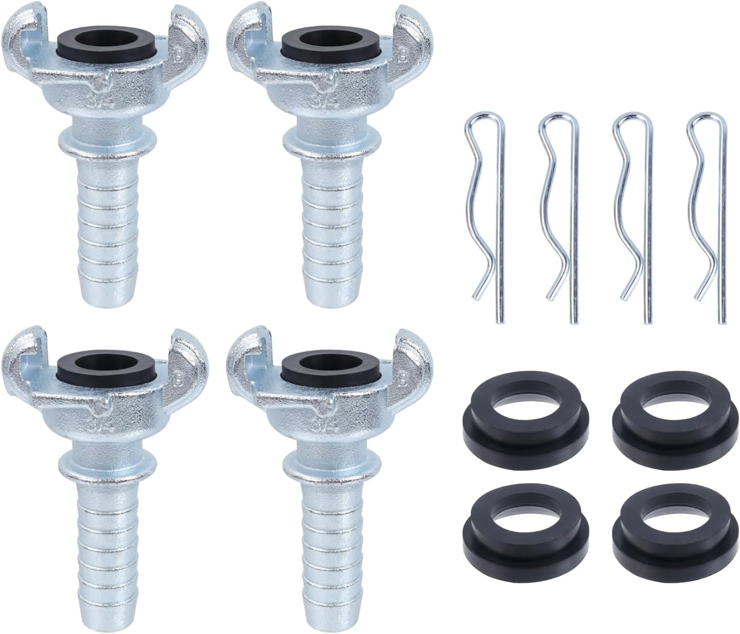 3/4 Inch Hose Barb Chicago Air Hose Fitting 4Pcs, Universal Coupling with 2 Lug, Male End, for Air Tools and Compressor, with Rubber Bushing & Locking Pins
