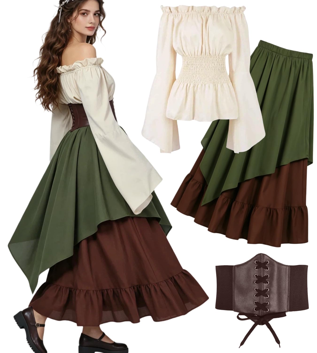 kasahara Mittelalter Kleidung Damen Set, Retro Off Shoulder Bluse Kleid Renaissance Kostüm Victorian Bekleidung Maxi Dressm mit Corsett Karneval Faschingskostüm